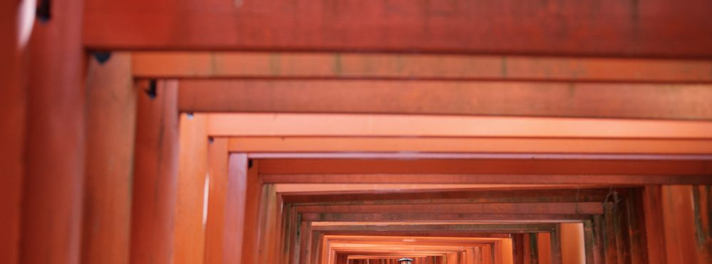 Rows of vermilion torii gates forming a tunnel that recedes into the distance at Fushimi Inari