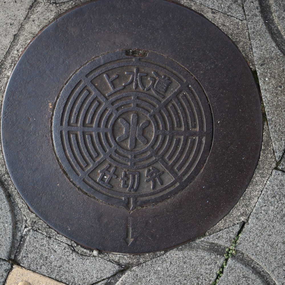 A round cast-iron manhole cover with a radiating pattern, set into grey paving stones in Shingu