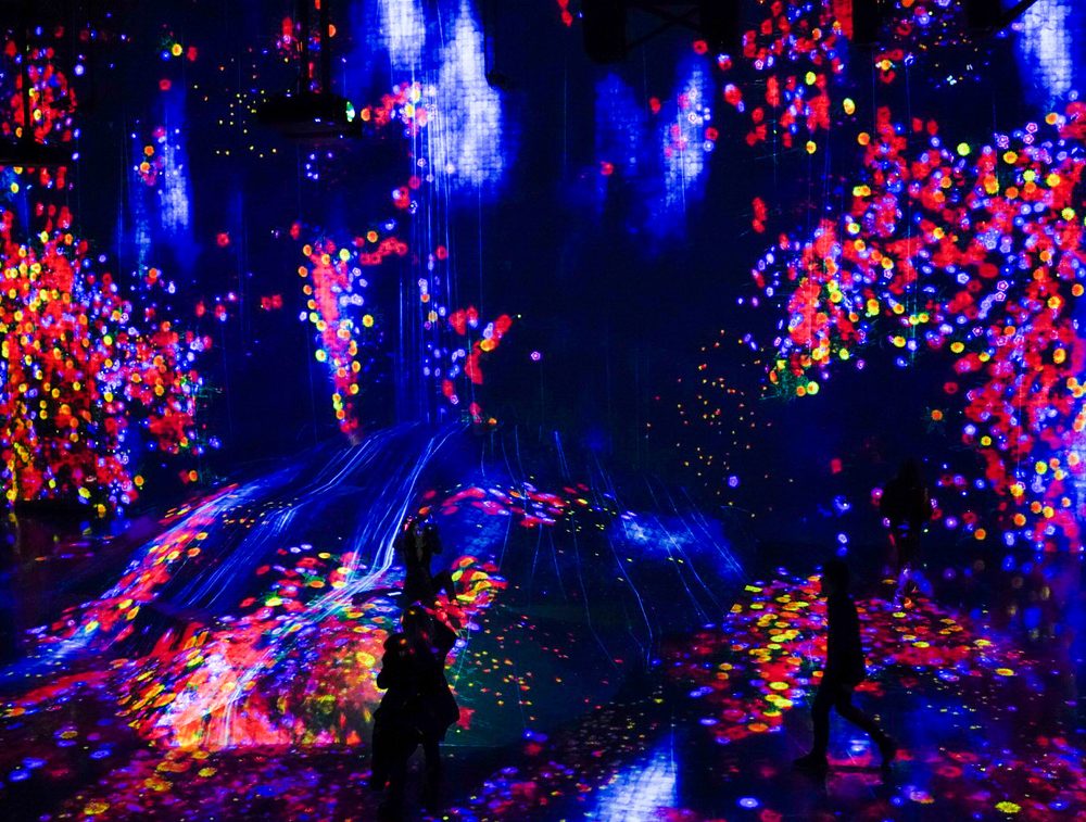 A dark room at teamLab Borderless filled with projected red, orange and blue flowers on the walls and a glowing hill of light lines, with a few visitors in silhouette